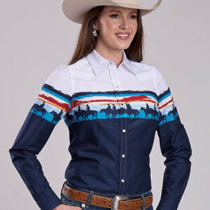 03-050-0421-0222 Women's Roper Sunset Border Navy Long Sleeve Snap