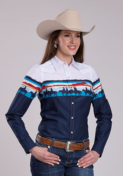 03-050-0421-0222 Women's Roper Sunset Border Navy Long Sleeve Snap