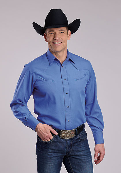 01-001-0017-0255 Men’s Roper Sky Blue Embroidered Piping Long Sleeve Snap Shirt
