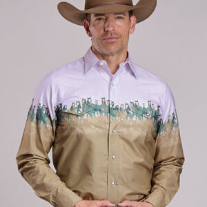 03-001-0421-0437 Men's Roper Run Horse Border Brown Long Sleeve Snap
