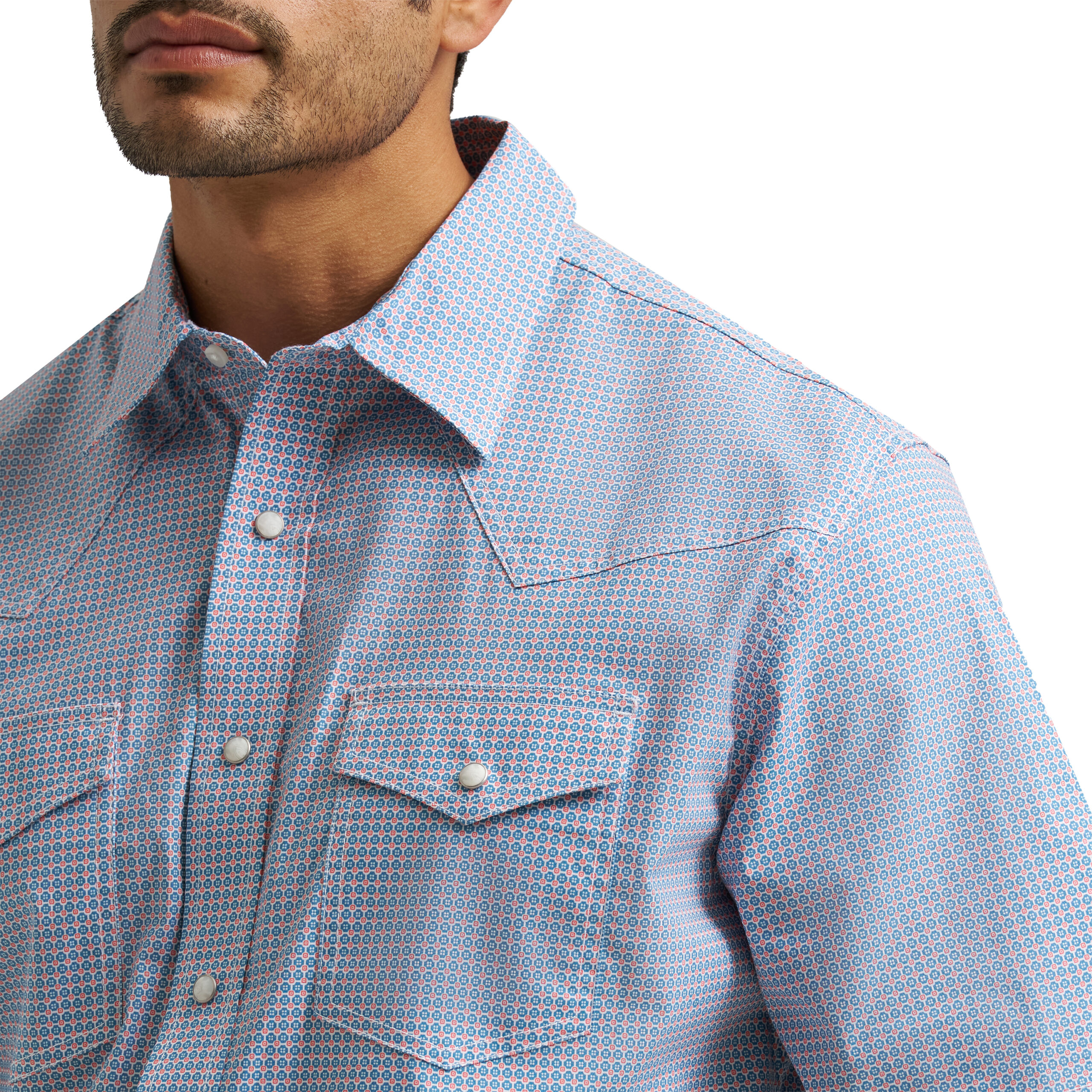 2374290 Men's Wrangler 20x Competition Blue/Pink Print Long Sleeve Snap - Image 3