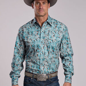 11-001-0425-2001 Men's Stetson Turquoise/Grey Paisley Long Sleeve Snap