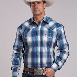 11-001-0478-2010 Men's Stetson Blue Ombre Plaid Long Sleeve Snap