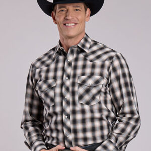 01-001-0101-2026 Men's Roper Black/Cream Plaid Fancy Yoke Long Sleeve Snap