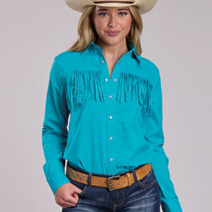 03-050-0592-2052 Women's Roper Solid Turquoise Fringe Long Sleeve Snap