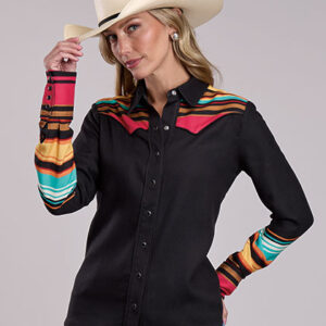 11-050-0590-3000 Women's Stetson Stripe Border Print Black Long Sleeve Snap