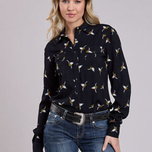 03-050-0590-6129 Women's Roper Floral Skull Print Black Long Sleeve Snap