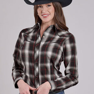 01-050-0016-7004 Women's Roper Black White Red Plaid Long Sleeve Snap