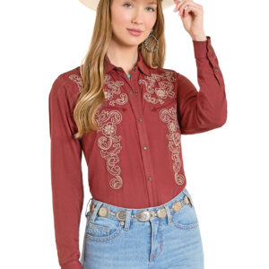 LWN2S08449 Women's Floral Embroidered Rust Long Sleeve Snap Shirt