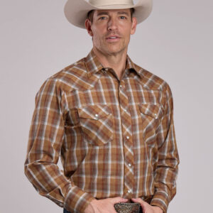 01-001-0101-4074 Men's Roper Brown Plaid Long Sleeve Snap Shirt
