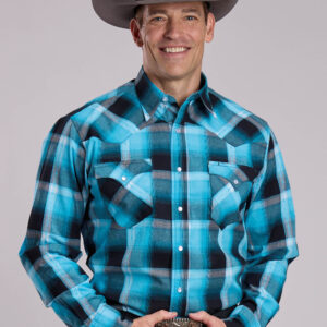 03-001-0062-0483 Men's Roper Blue Plaid Long Sleeve Snap
