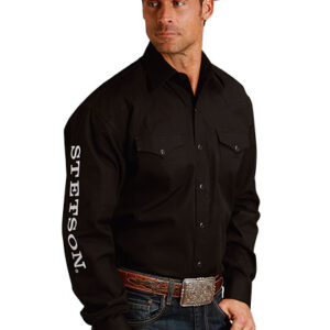11-001-0489-1022 Men's Stetson Logo Black Long Sleeve Snap Shirt