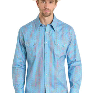BMN2S08326 Men's Rock & Roll Denim Aqua Geometric Print Long Sleeve Snap