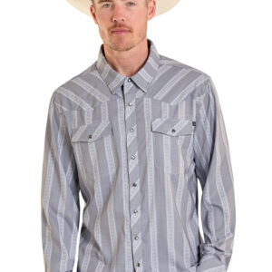 BMN2S08390 Men's Rock & Roll Gray Striped Tek Long Sleeve Snap Shirt