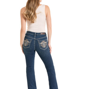 BW4MD08756 Women's Rock & Roll Steer Head Embroidered Mid Rise Bootcut Jeans