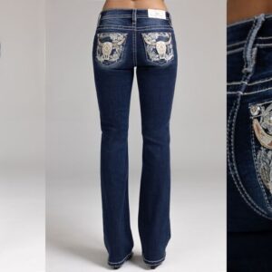 M9673BL Women's Miss Me Steer Skull Mid-Rise Dark Wash Bootcut Jean