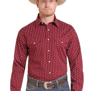 RMN2S09541 Men's Panhandle Slim Red Geometric Print Long Sleeve Snap