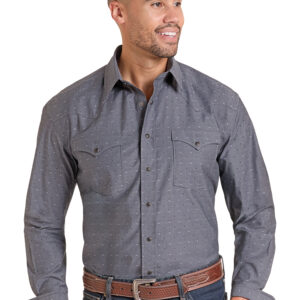 RMN2S09544 Men's Panhandle Slim Black Dobby Print Long Sleeve Snap Shirt