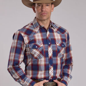 01-001-0101-7016 Men's Roper Navy / Red Plaid Long Sleeve Snap Shirt
