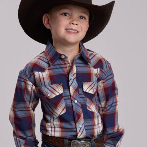 01-030-0101-7016 Children's Roper Navy/Red Plaid Long Sleeve Snap Shirt