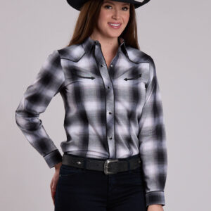 01-050-0016-7009 Ladies Roper Black Plaid Horse Embroidered Long Sleeve Snap