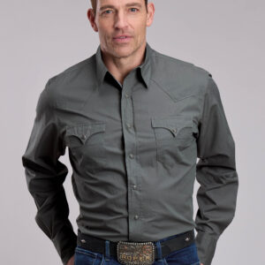 03-001-0060-6001 Mens Solid Poplin - Dark Sage Long Sleeve Snap Western Shirt