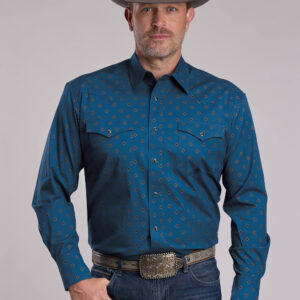 03-001-0225-6604 Men's Roper Medallion Print Navy Long Sleeve Snap