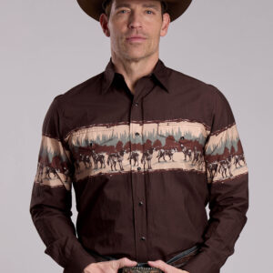 03-001-0421-0660 Men's Roper Wolf Border Brown Long Sleeve Snap Shirt