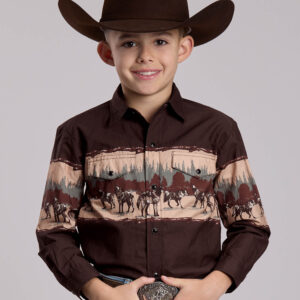 03-030-0421-0660 Children's Roper Wolf Border Long Sleeve Snap Shirt
