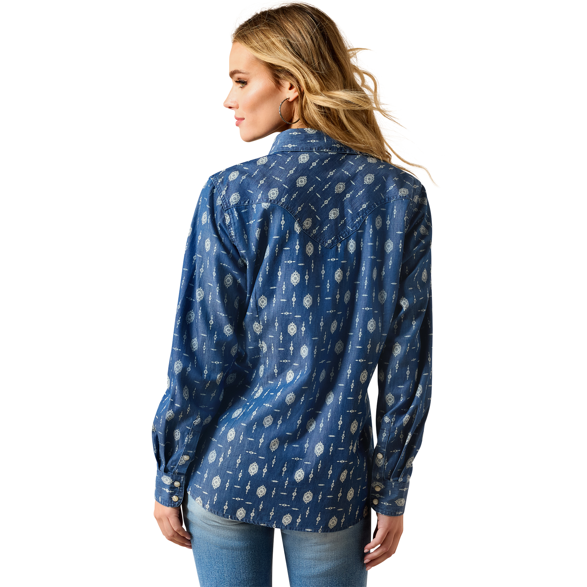 10071103 Women's Ariat Wild Blue Western Snap Shirt - Image 3