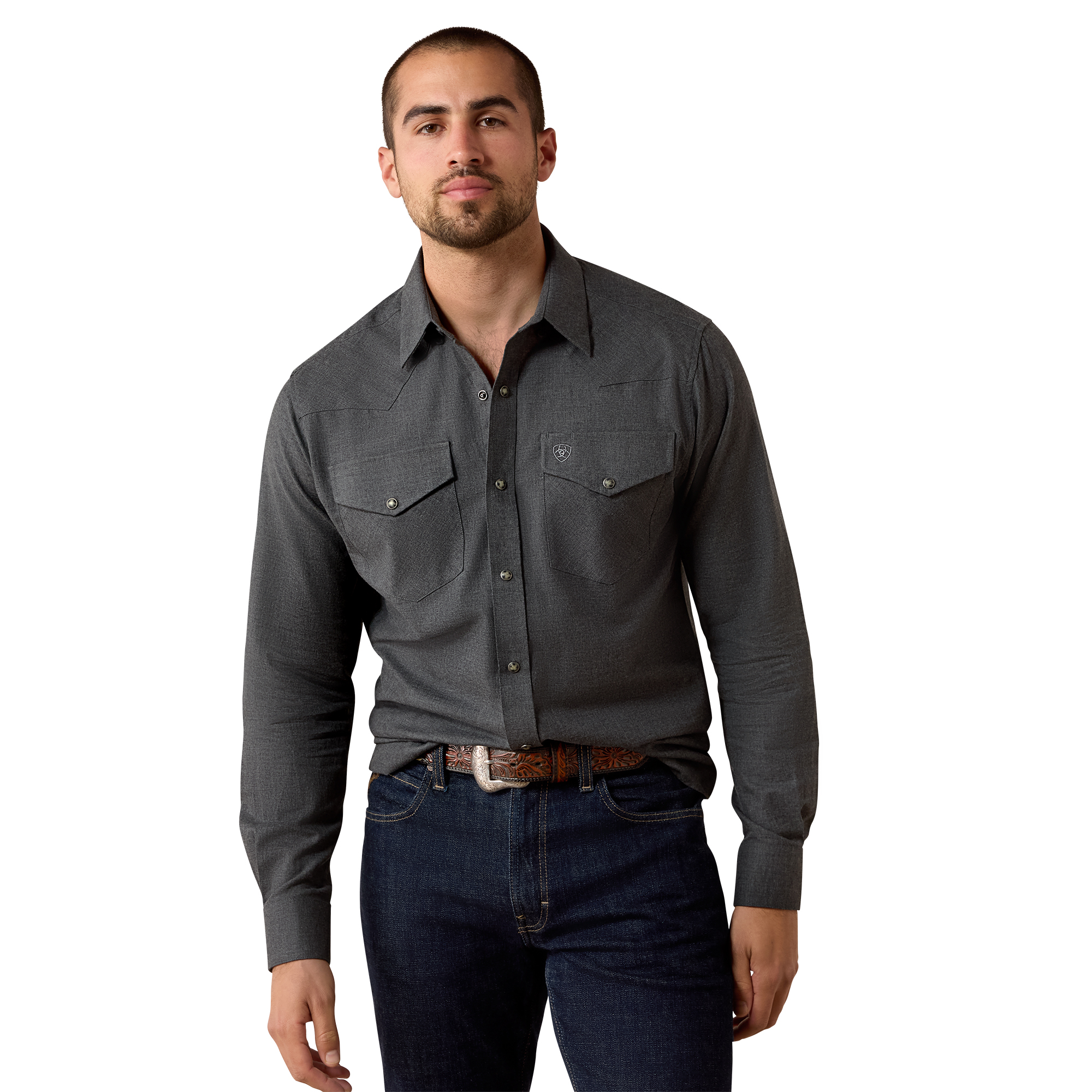 10079640 Men's Ariat Solid Twill Long Sleeve Snap Shirt in Charcoal Heather