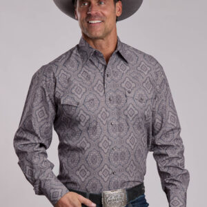 11-001-0425-6056 Men's Stetson Gray Medallion Paisley Long Sleeve Snap Shirt