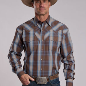 11-001-0478-6068 Men's Stetson Chocolate Plaid Pipe Long Sleeve Snap Shirt