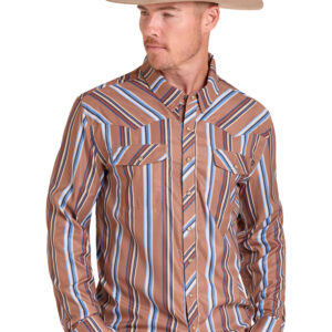 BMN2S09459 Men's Rock & Roll Denim Camel/Blue Striped Long Sleeve Snap Shirt