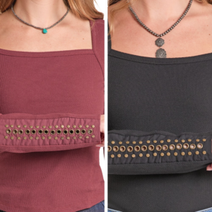 BW22T09384 Ladies Rock & Roll Denim Grommet Long Sleeve Knit Top