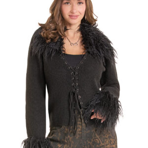 BW32T09383 Rock and Roll Denim Faux Fur Border Rib Knit Sweater