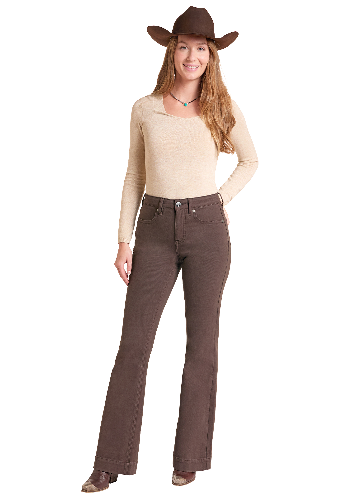 BW5HD09758 Women's Rock & Roll Denim Mahogany Signature Pocket High Rise Trouser Jeans