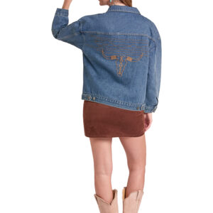 BW92D09780 Women's Rock & Roll Denim Boot Stitch Skull Denim Jacket