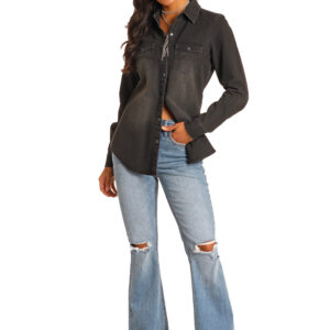 BWN2S03703 Women's Rock & Roll Denim Black Denim Long Sleeve Shirt