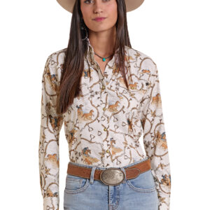 BWN2S09765 Women's Rock & Roll Denim TEK Western Cream Conversational Print Long Sleeve Shirt